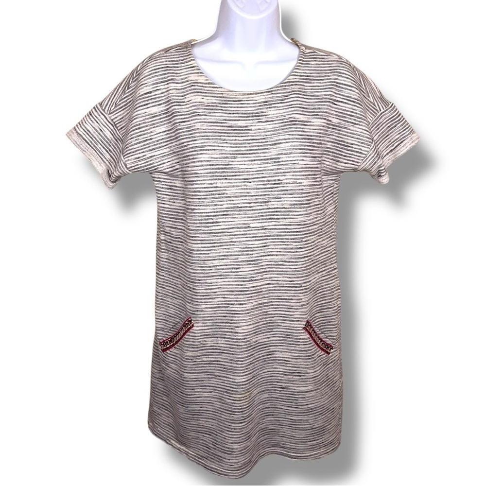 Medium Ole By Koton White Grey Casual Short Sleeve Stripes Tee Dress Sequin